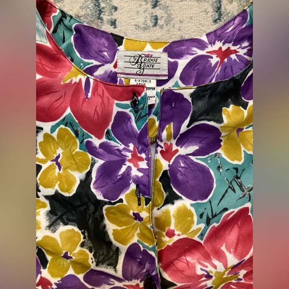 C01 Bridge Gate VTG Satin Top Button Up Blouse Shoulder Pads Floral Medium - Picture 9 of 9